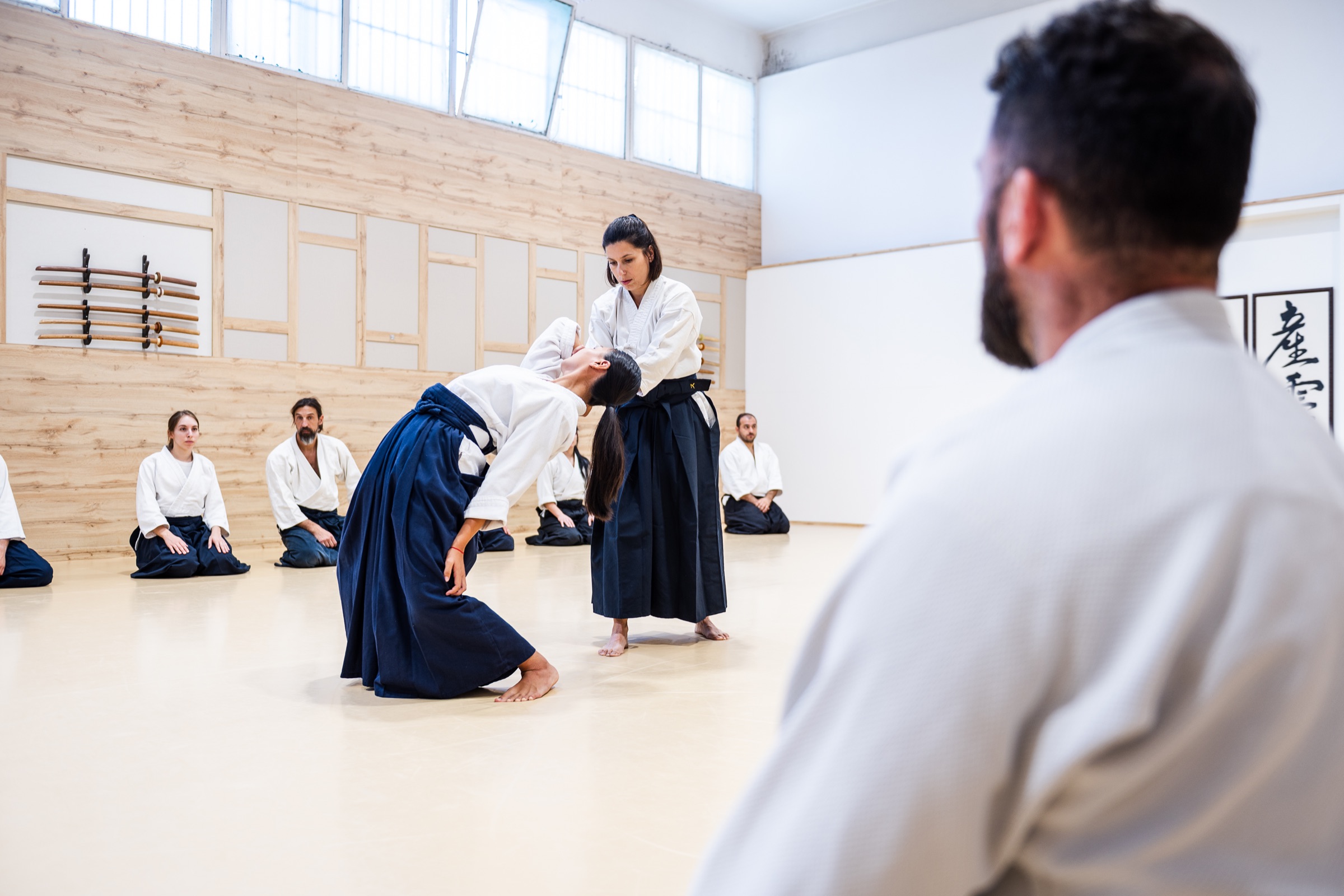 The class watching a technique from the edge of the mat.