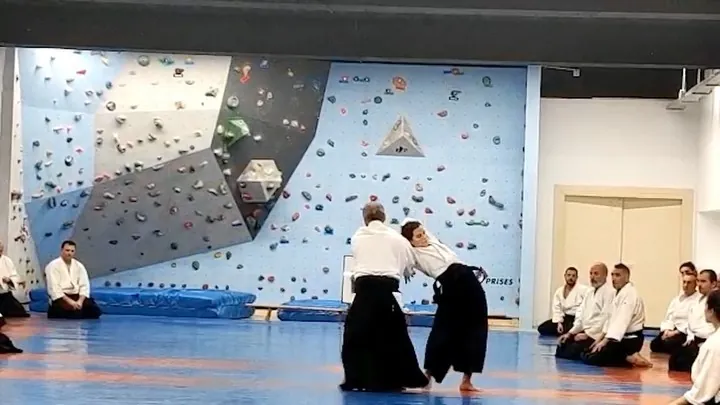 Miyamoto T. Shihan (宮本 鶴蔵) showing Ryōte-dori Shihō-giri (両手取り 四方切り).