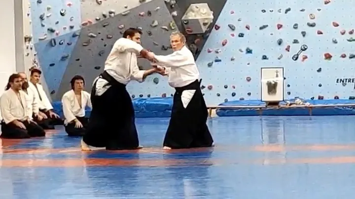 Miyamoto T. Shihan (宮本 鶴蔵) showing Ryōte-dori Kokyū-nage (両手取り 呼吸投げ) w